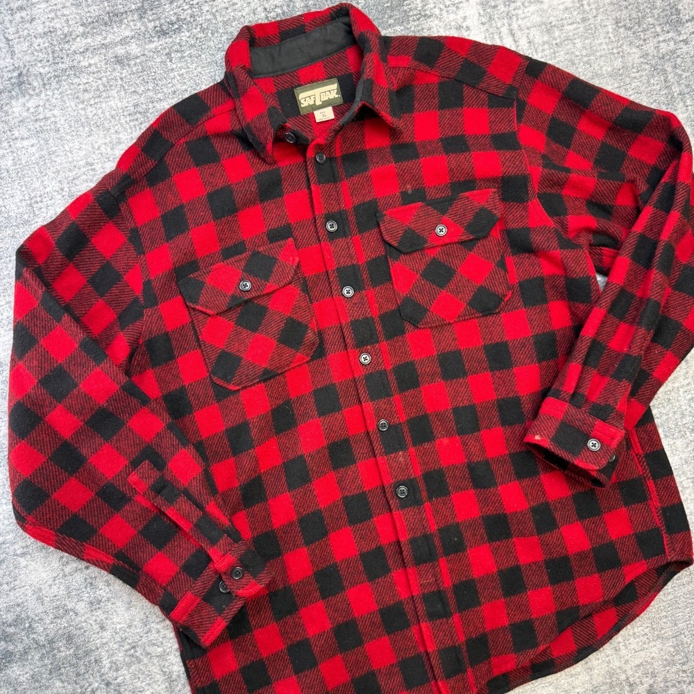 VTG SafTbak Shirt Mens XL‎ Red Black Buffalo Check Plaid Wool Flannel Shacket